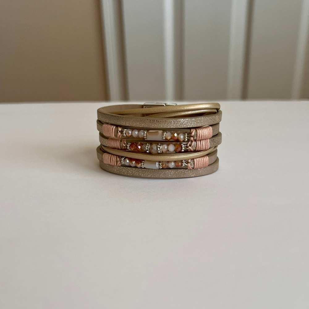 Multi-Strand‎ Faux Leather Bracelet Gold Wrap Beaded Magnetic Clasp Jewelry